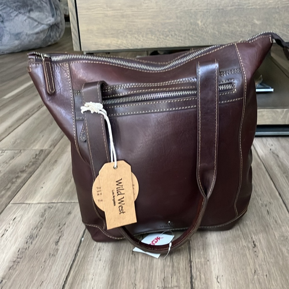 Wild West Los Angeles Free People Brown Leather Tote Shoulder Bag Large New